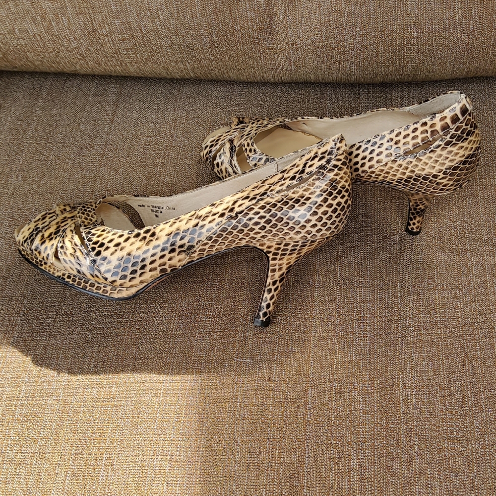 Johnston and Murphy Taupe Reptile Open-toe High Heel Shoes